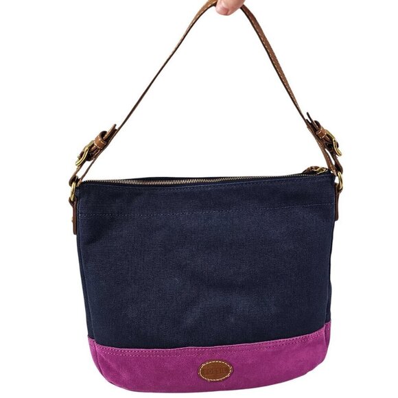 Vintage Fossil Suede Navy and Purple Adjustable Strap Full Zip Shoulder Handbag - Picture 1 of 16
